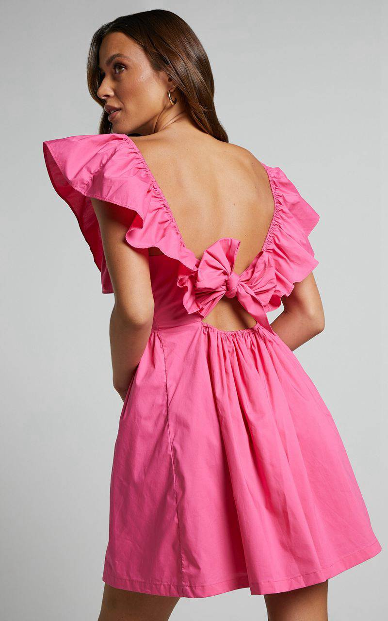 Showpo Raiza Mini Dress - Ruffle Sleeve Tie Back Plunge Dress Fuchsia | AYHJMQ385