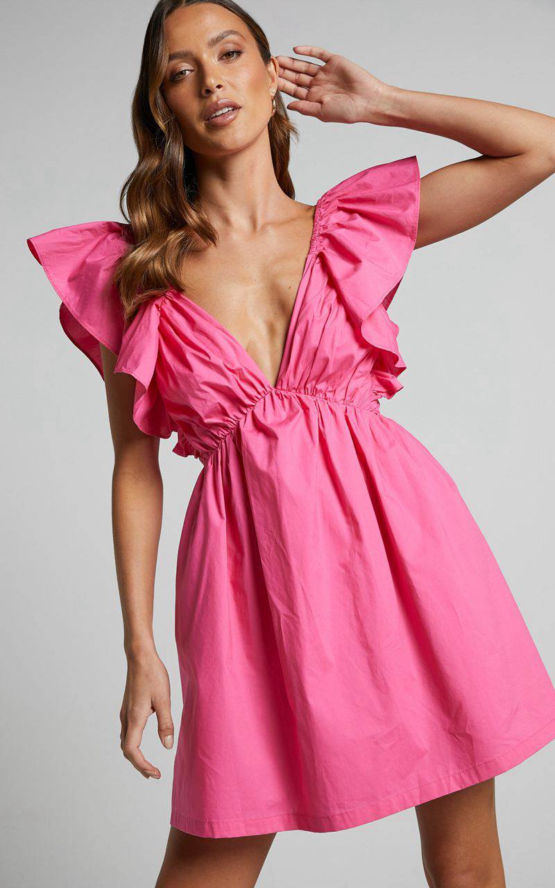 Showpo Raiza Mini Dress - Ruffle Sleeve Tie Back Plunge Dress Fuchsia | AYHJMQ385