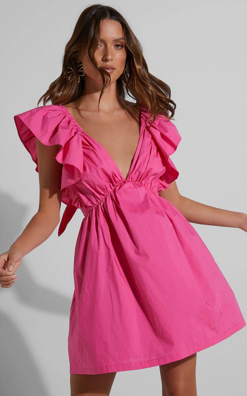 Showpo Raiza Mini Dress - Ruffle Sleeve Tie Back Plunge Dress Fuchsia | AYHJMQ385