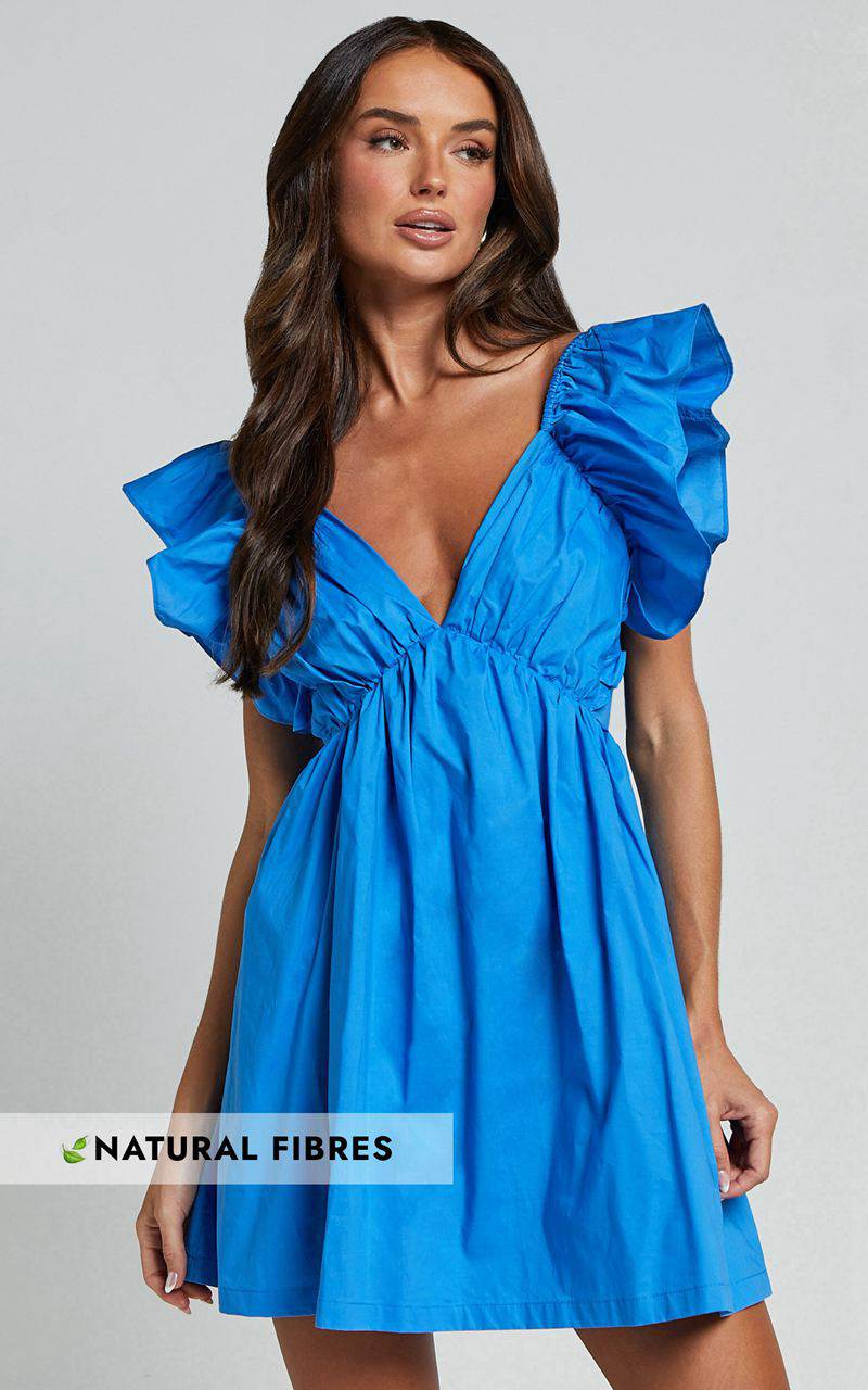 Showpo Raiza Mini Dress - Ruffle Sleeve Tie Back Plunge Dress Blue | XVUTRK052