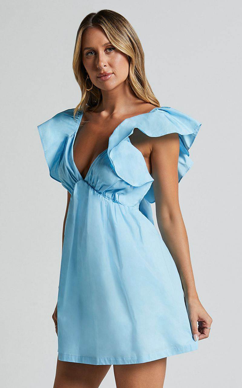 Showpo Raiza Mini Dress - Ruffle Sleeve Tie Back Plunge Dress Bright Blue | MGIDCF279