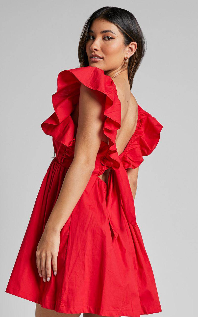 Showpo Raiza Mini Dress - Ruffle Sleeve Tie Back Plunge Dress Red | NHRDGI701