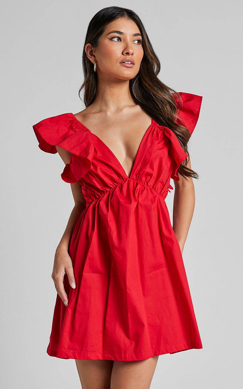 Showpo Raiza Mini Dress - Ruffle Sleeve Tie Back Plunge Dress Red | NHRDGI701