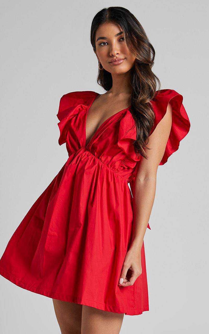 Showpo Raiza Mini Dress - Ruffle Sleeve Tie Back Plunge Dress Red | NHRDGI701