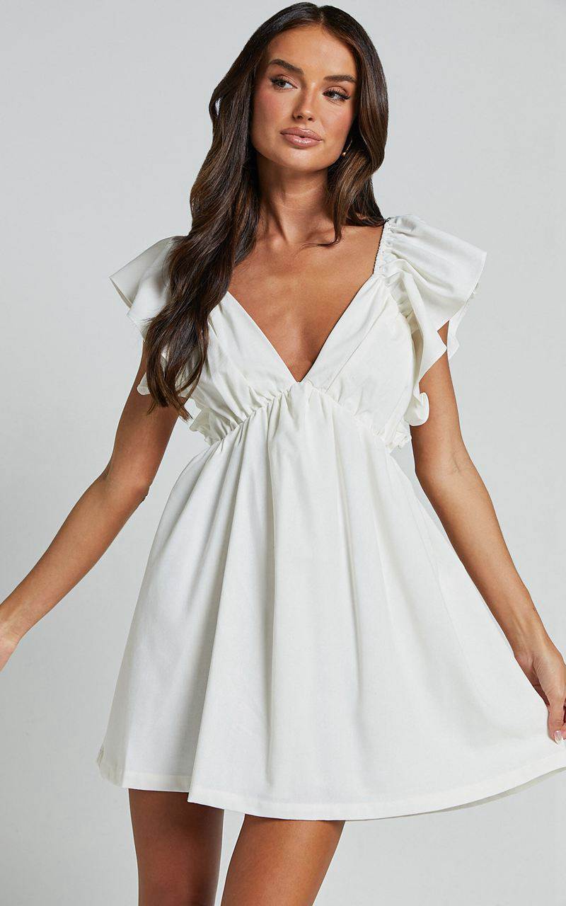 Showpo Raiza Mini Dress - Ruffle Sleeve Tie Back Plunge Dress Off White | LJMQEF071