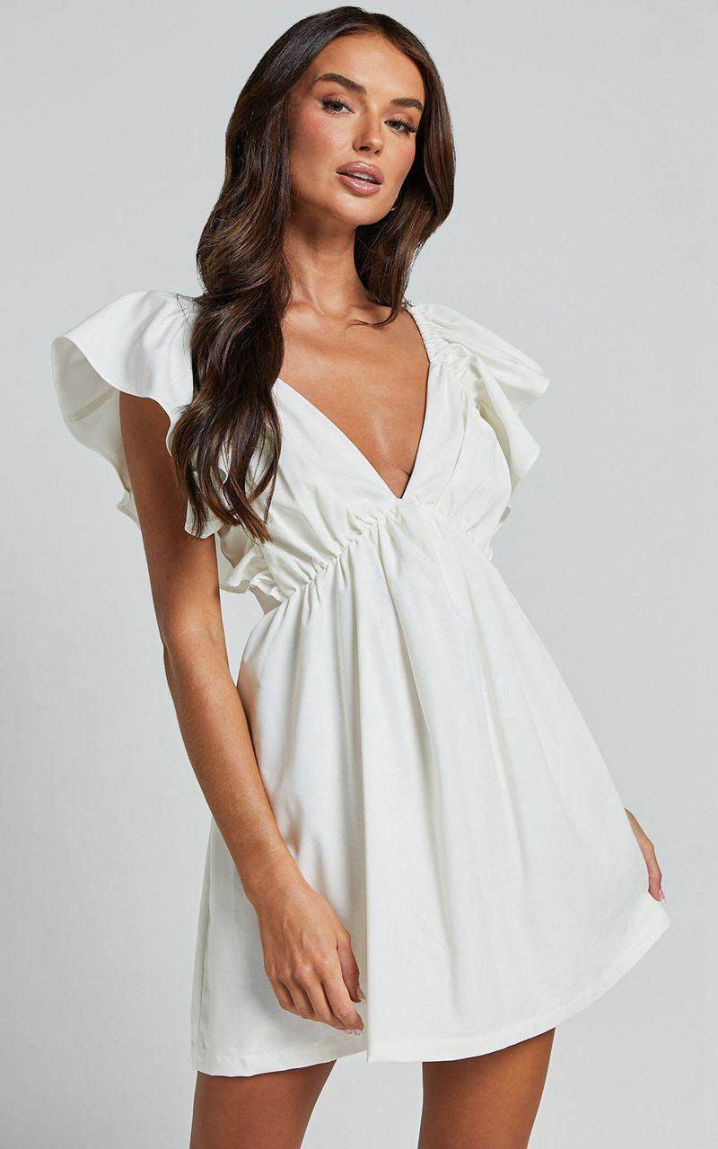 Showpo Raiza Mini Dress - Ruffle Sleeve Tie Back Plunge Dress Off White | LJMQEF071