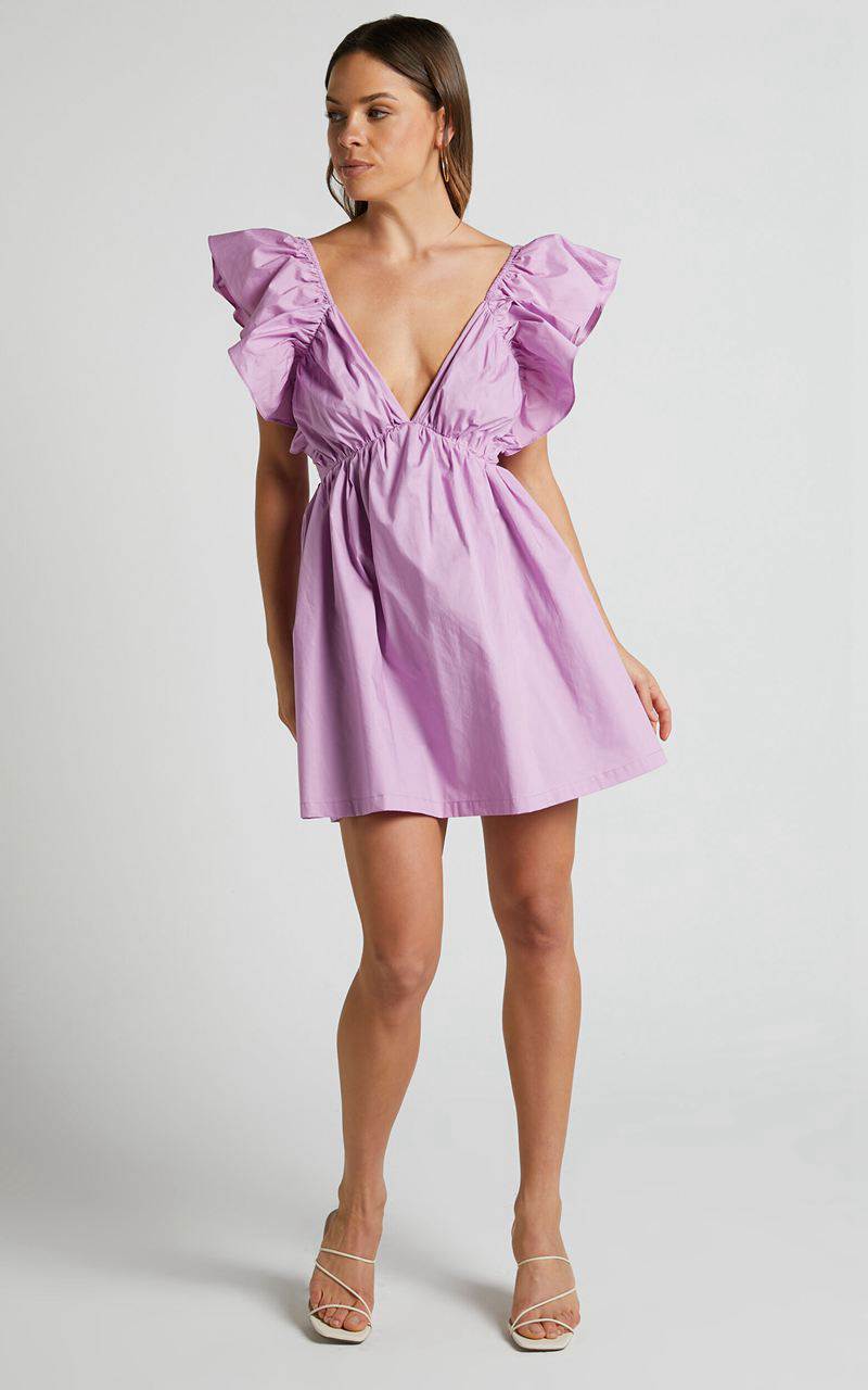 Showpo Raiza Mini Dress - Ruffle Sleeve Tie Back Plunge Dress Lilac | KXYHRI895