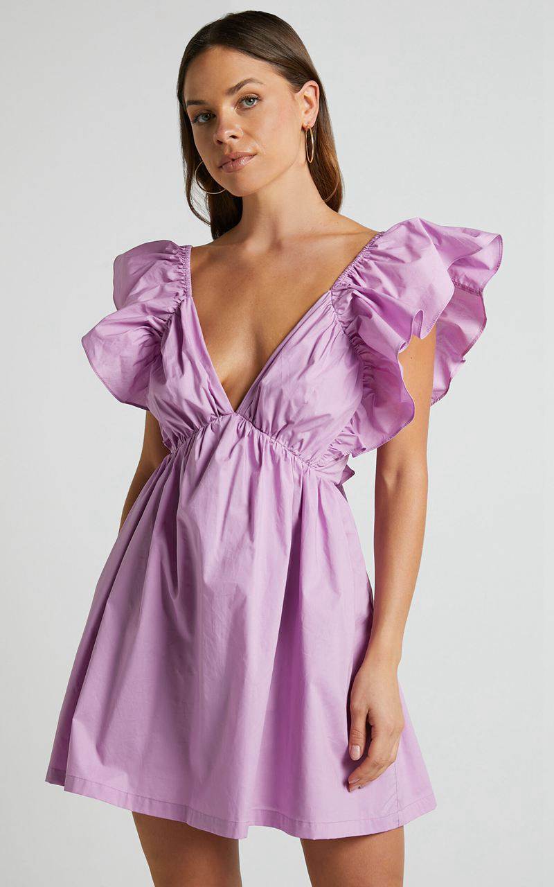 Showpo Raiza Mini Dress - Ruffle Sleeve Tie Back Plunge Dress Lilac | KXYHRI895