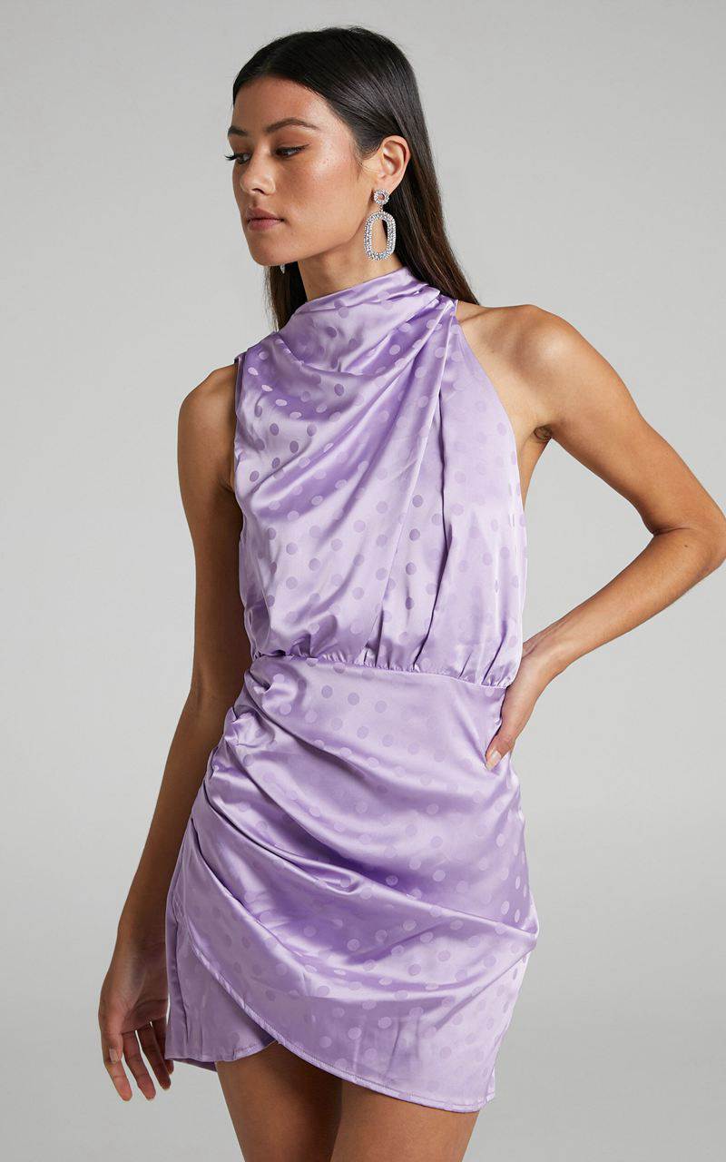 Showpo Rammey Mini Dress - High Neck Draped Dress Lilac | WZEVDN642