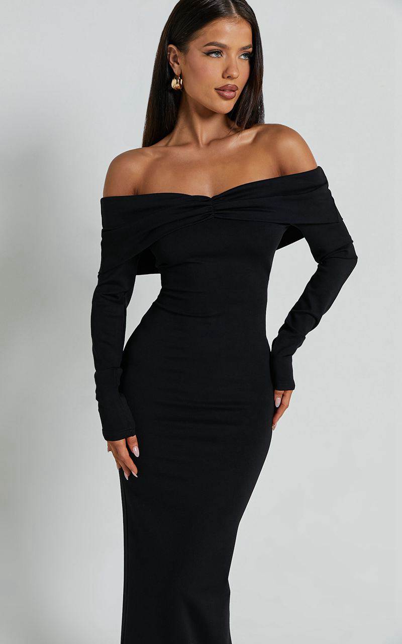 Showpo Rani Midi Dress - Off Shoulder Long Sleeve Bodycon Dress Black | YTJOLQ130