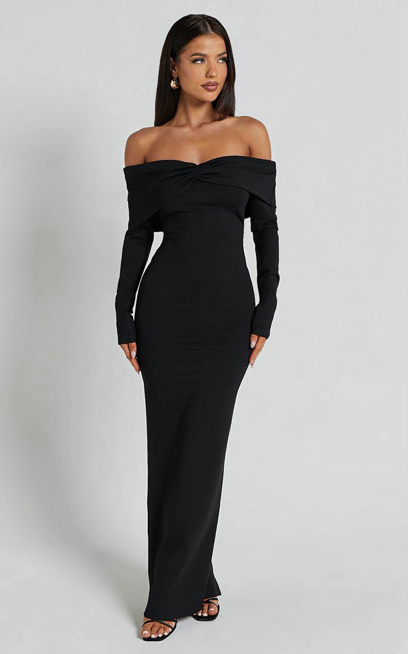 Showpo Rani Midi Dress - Off Shoulder Long Sleeve Bodycon Dress Black | YTJOLQ130