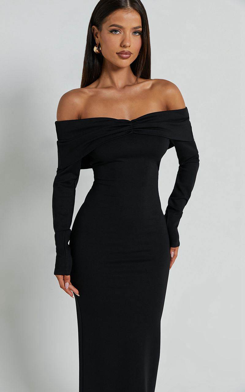 Showpo Rani Midi Dress - Off Shoulder Long Sleeve Bodycon Dress Black | YTJOLQ130