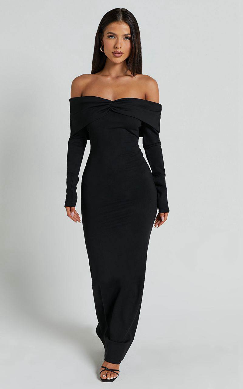 Showpo Rani Midi Dress - Off Shoulder Long Sleeve Bodycon Dress Black | YTJOLQ130