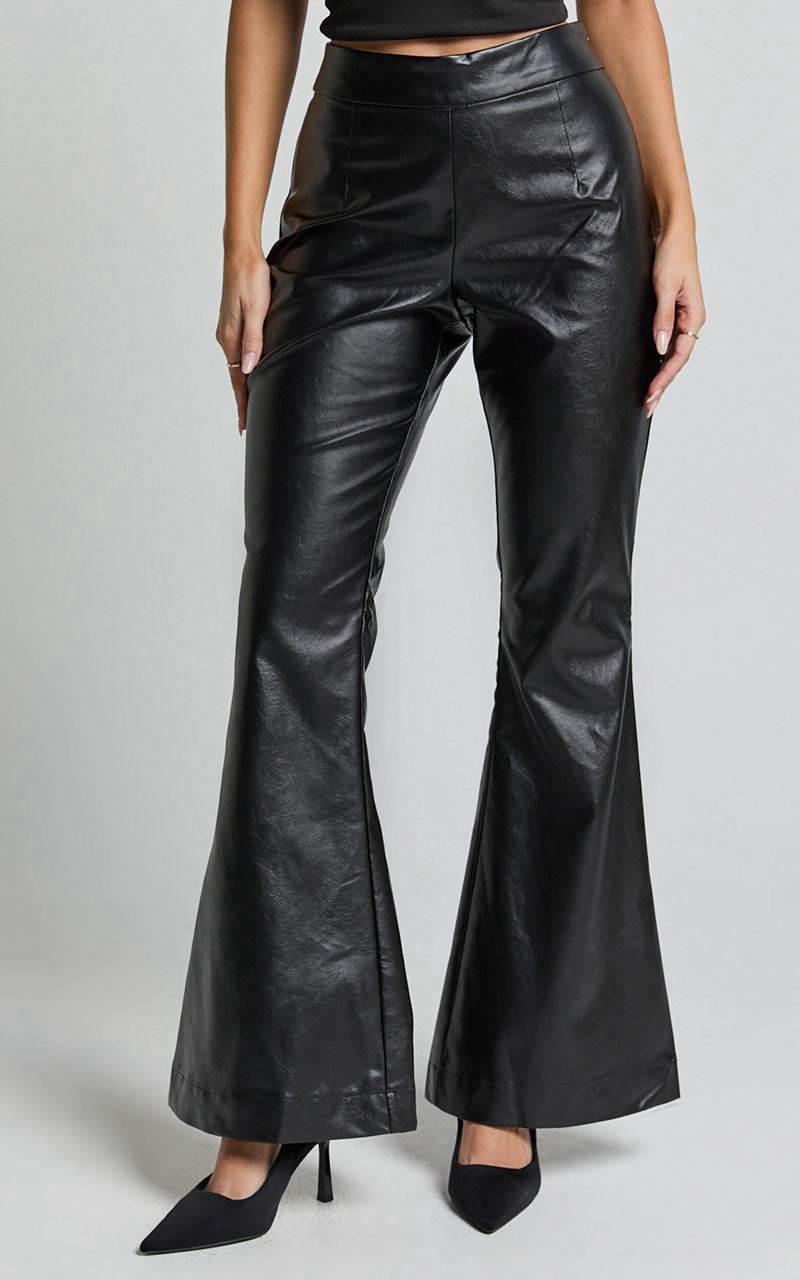 Showpo Ravina Pants - High Waist Faux Leather Flare Pants Black | RZSNBG869