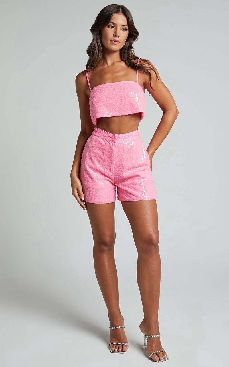 Showpo Rayden Shorts - High Waisted Sequin Shorts Pink | RCNAFW105