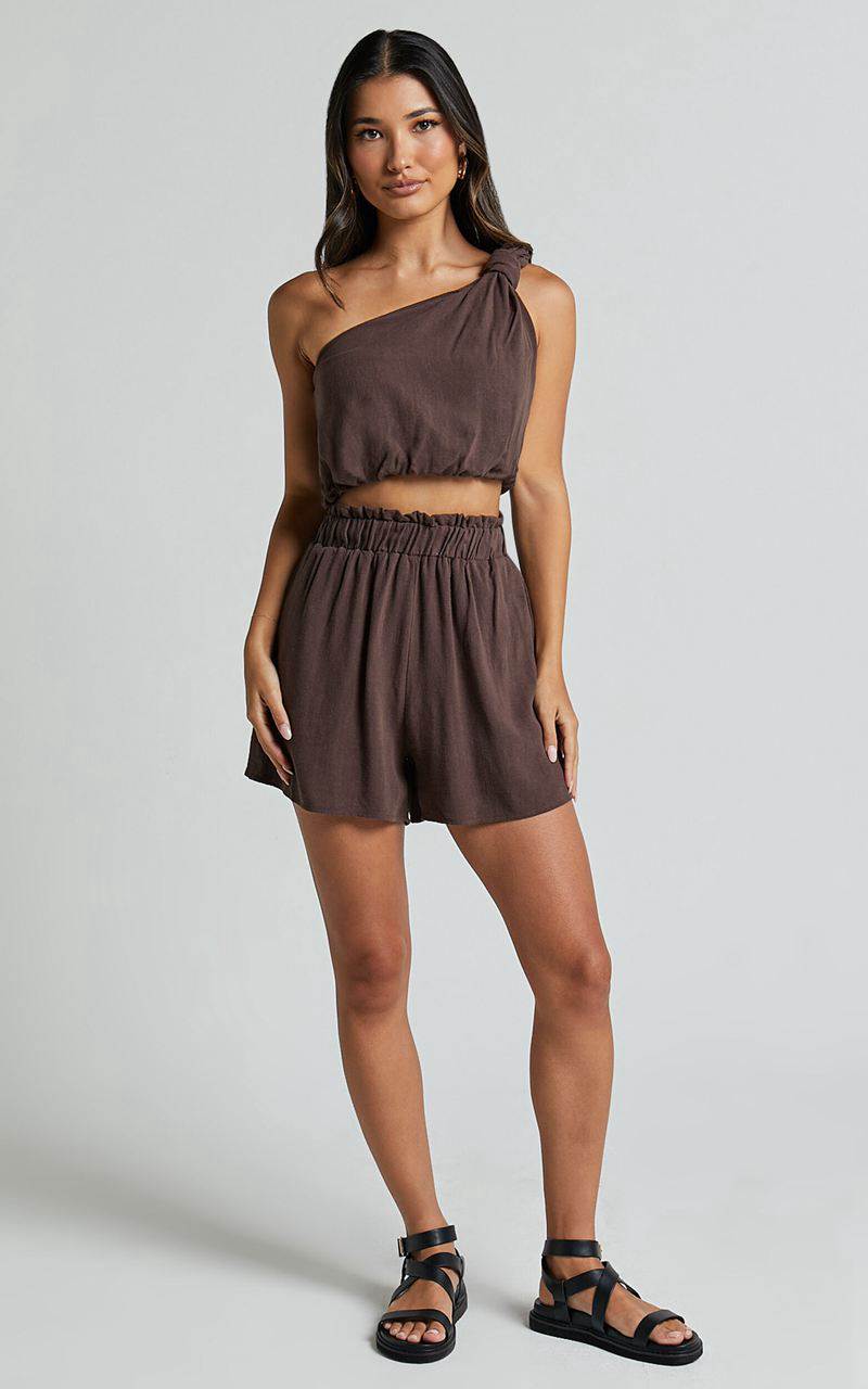 Showpo Raylene Two Piece Set - Linen Look Knotted One Shoulder Top And Paper Bag Waist Shorts Tobacco | SNWPZH283