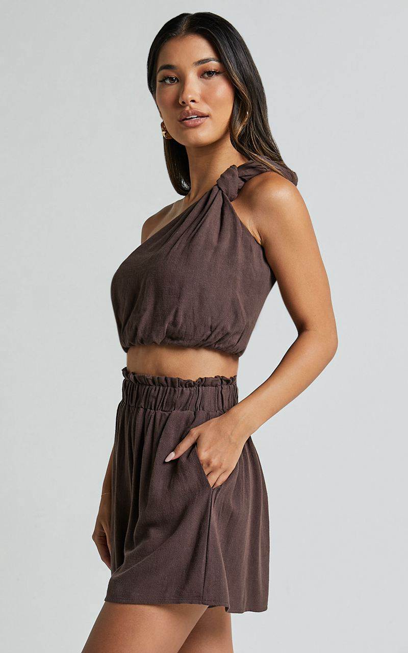 Showpo Raylene Two Piece Set - Linen Look Knotted One Shoulder Top And Paper Bag Waist Shorts Tobacco | SNWPZH283