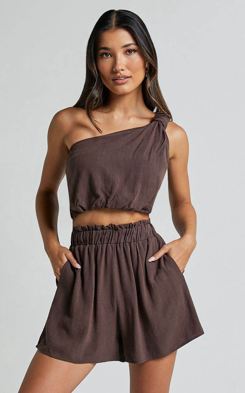 Showpo Raylene Two Piece Set - Linen Look Knotted One Shoulder Top And Paper Bag Waist Shorts Tobacco | SNWPZH283