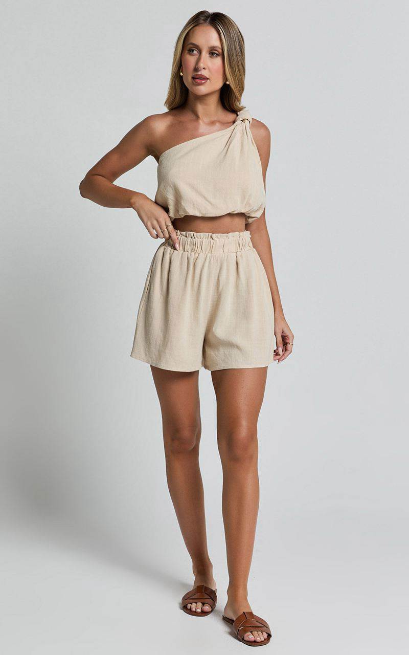 Showpo Raylene Two Piece Set - Linen Look Knotted One Shoulder Top And Paper Bag Waist Shorts Natural | JYBSZR623