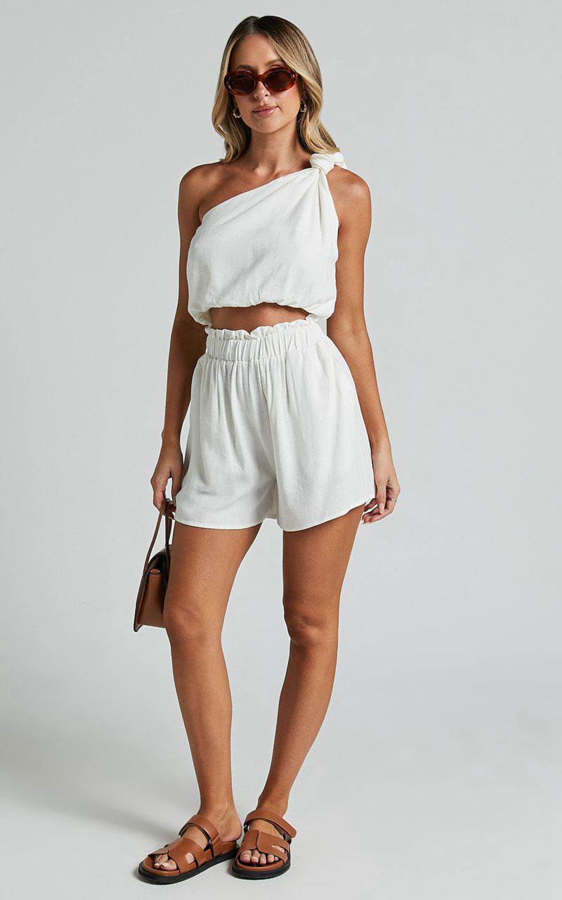 Showpo Raylene Two Piece Set - Linen Look Knotted One Shoulder Top And Paper Bag Waist Shorts White | YHMXDA751