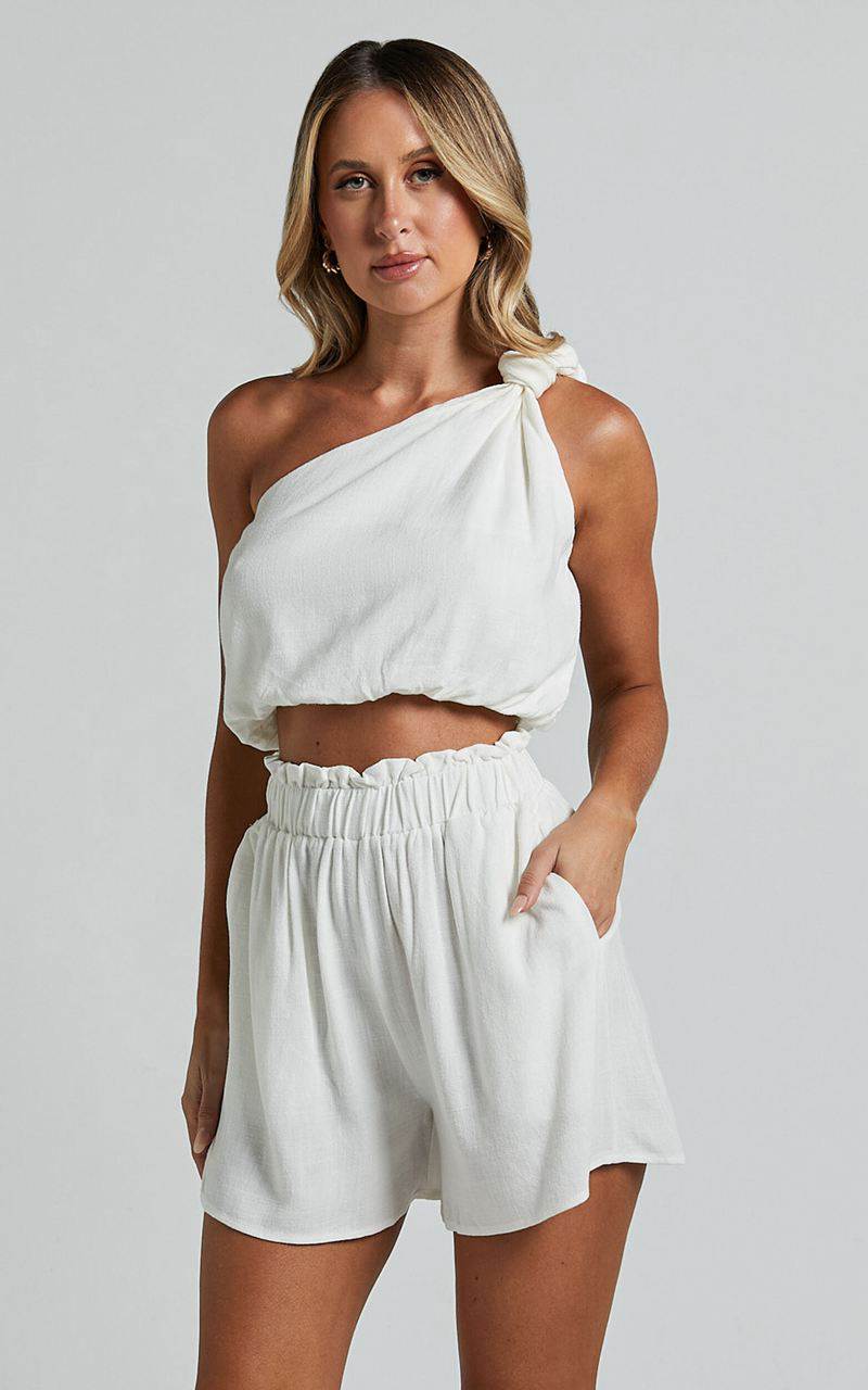 Showpo Raylene Two Piece Set - Linen Look Knotted One Shoulder Top And Paper Bag Waist Shorts White | YHMXDA751