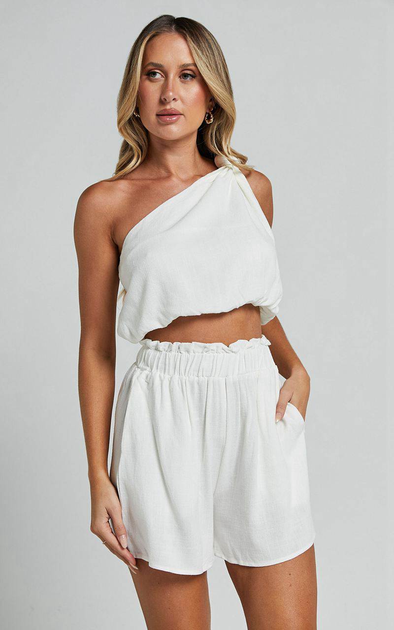 Showpo Raylene Two Piece Set - Linen Look Knotted One Shoulder Top And Paper Bag Waist Shorts White | YHMXDA751