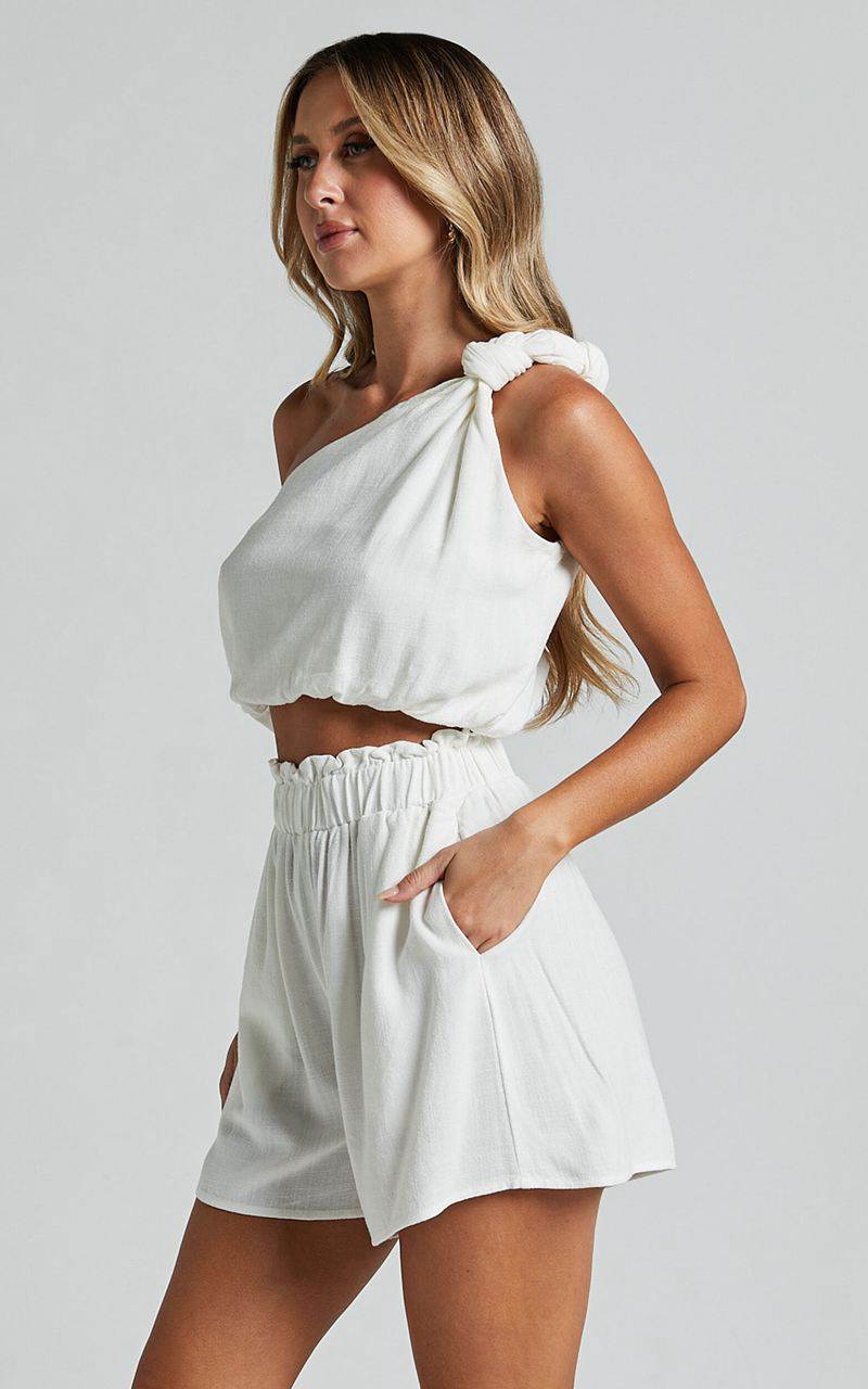 Showpo Raylene Two Piece Set - Linen Look Knotted One Shoulder Top And Paper Bag Waist Shorts White | YHMXDA751