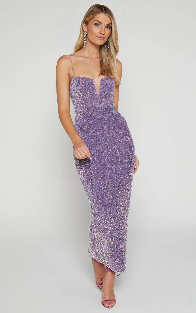 Showpo Rayner Midi Dress - V Bar Sequin Bodycon Dress Lilac | UAYDCH048