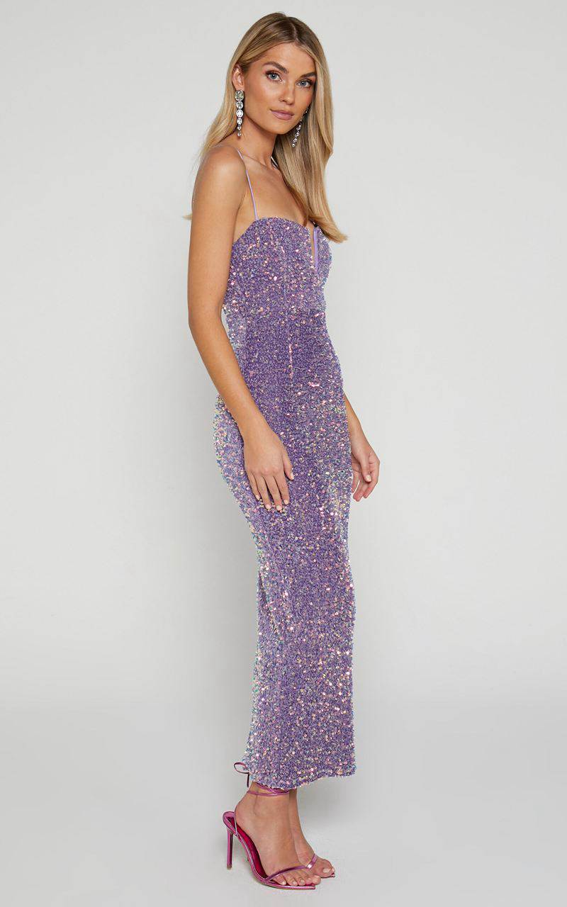 Showpo Rayner Midi Dress - V Bar Sequin Bodycon Dress Lilac | UAYDCH048