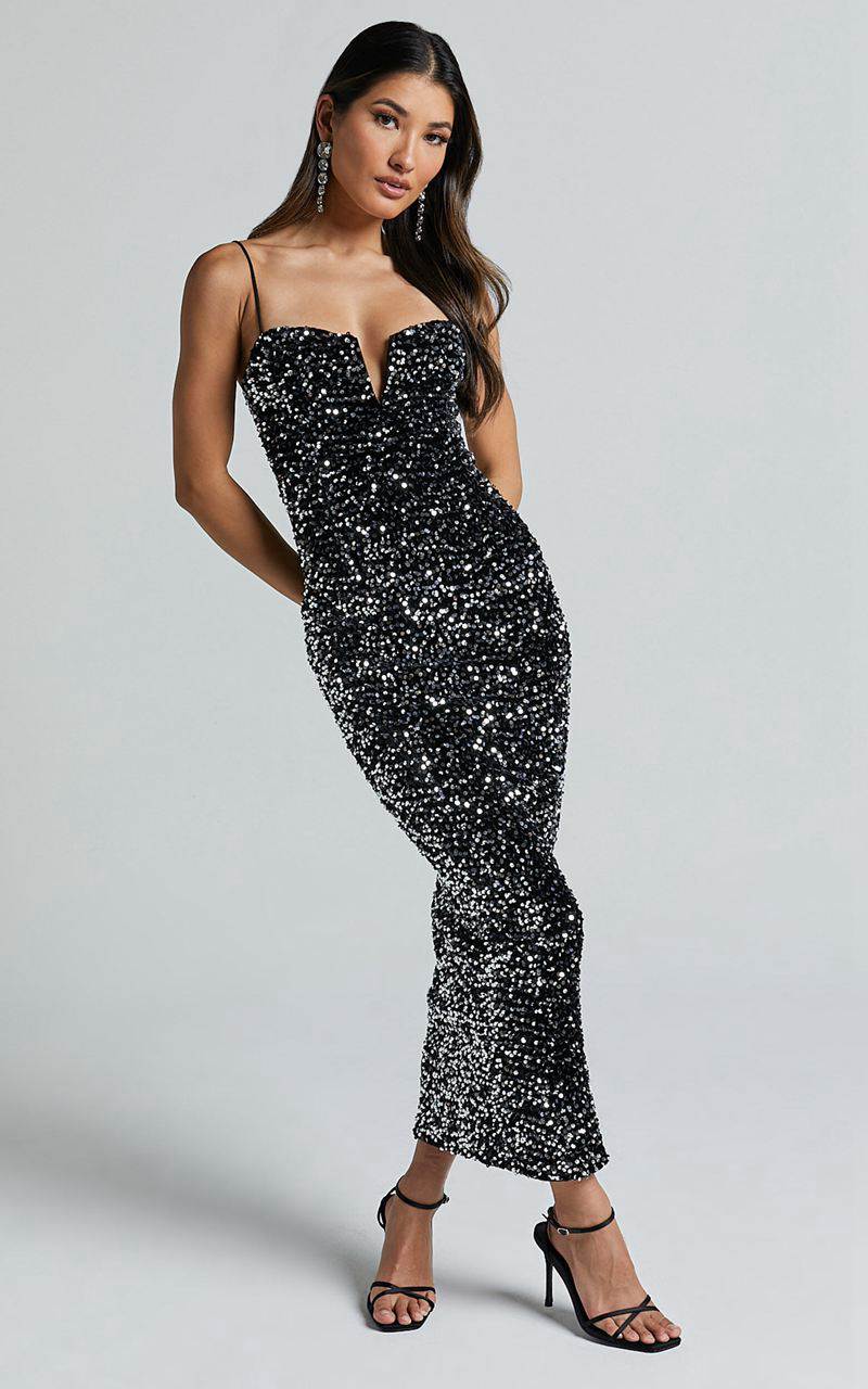 Showpo Rayner Midi Dress - V Bar Sequin Bodycon Dress Black And Silver | PISNKT365