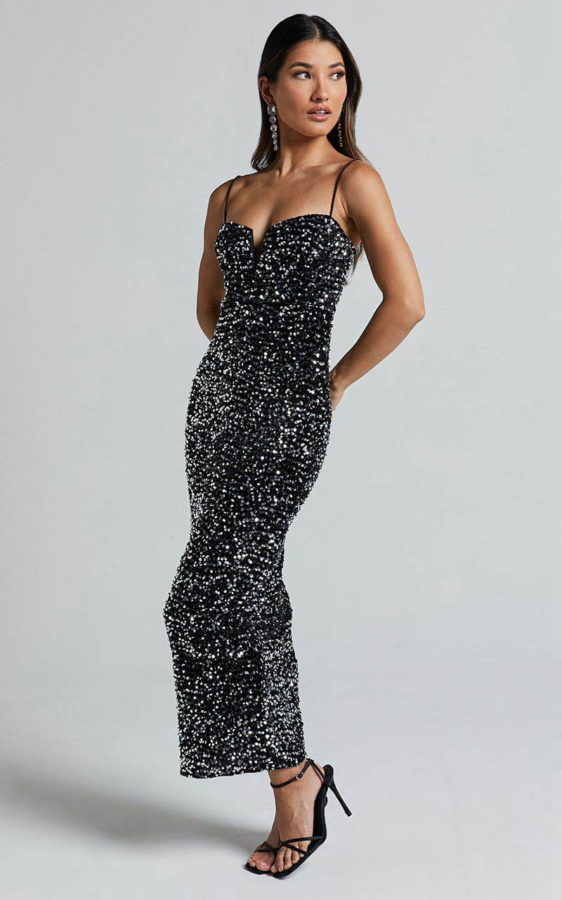 Showpo Rayner Midi Dress - V Bar Sequin Bodycon Dress Black And Silver | PISNKT365