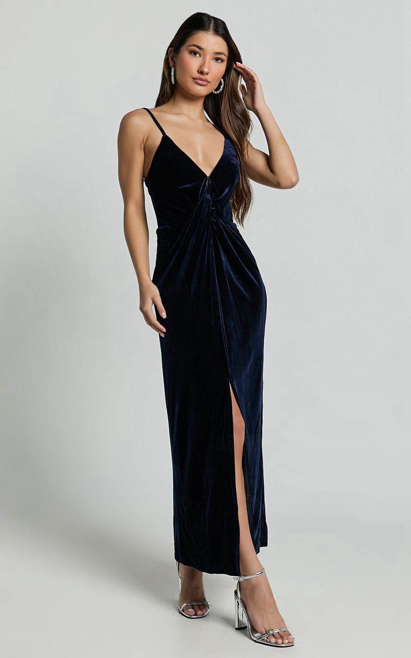 Showpo Rebecca Midi Dress - Front Twist Thigh Split Velvet Dress Navy | CQINBH725