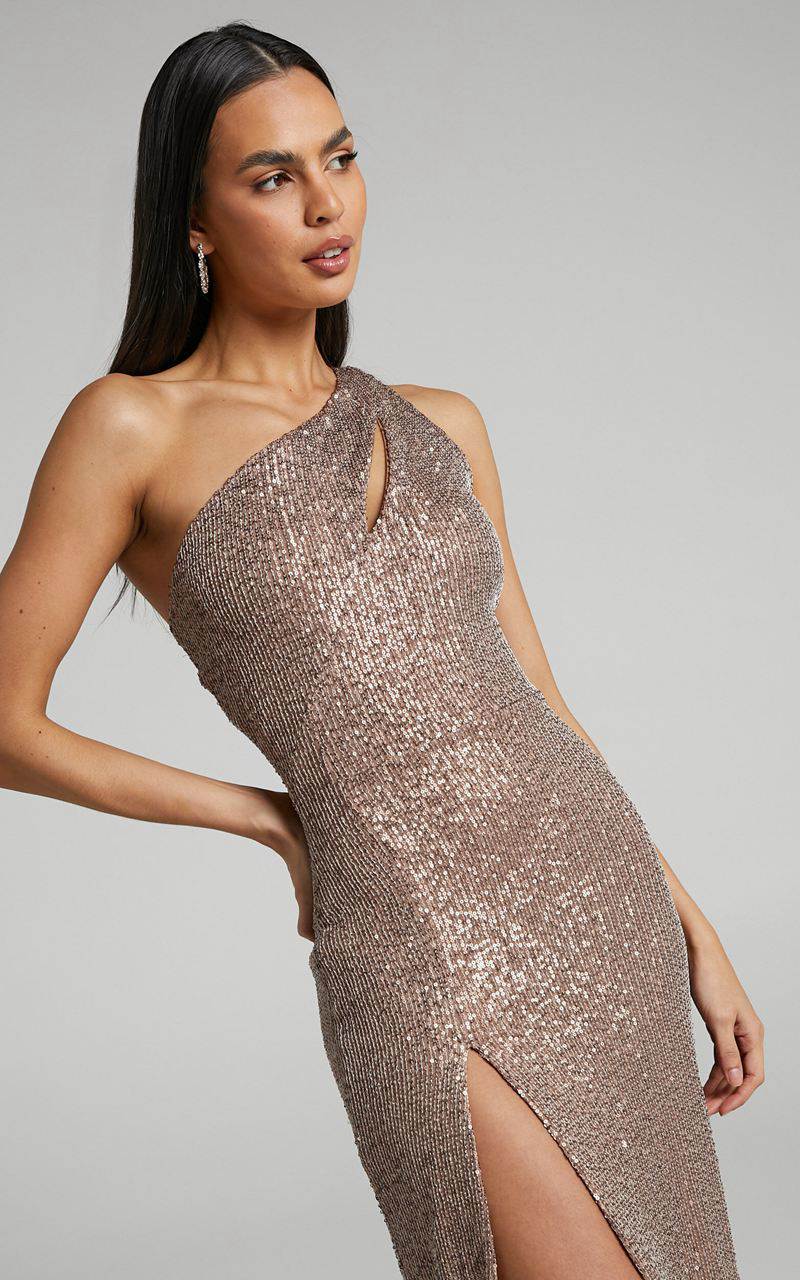 Showpo Rehyn Midi Dress - One Shoulder Asymmetric Cut Out Sequin Dress Mocha | SOJLFI803