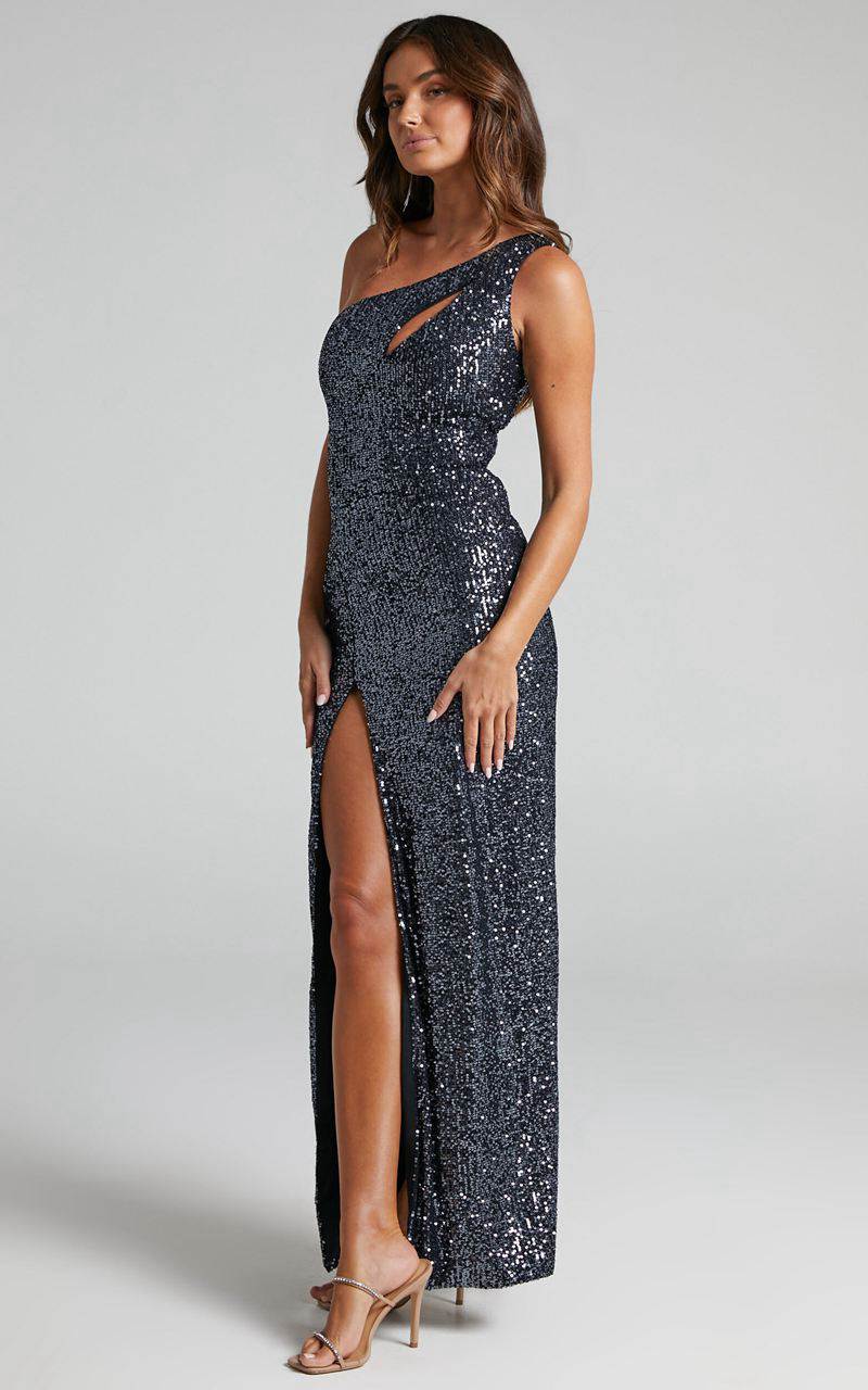 Showpo Rehyn Midi Dress - One Shoulder Asymmetric Cut Out Sequin Dress Black | PJRNEF591