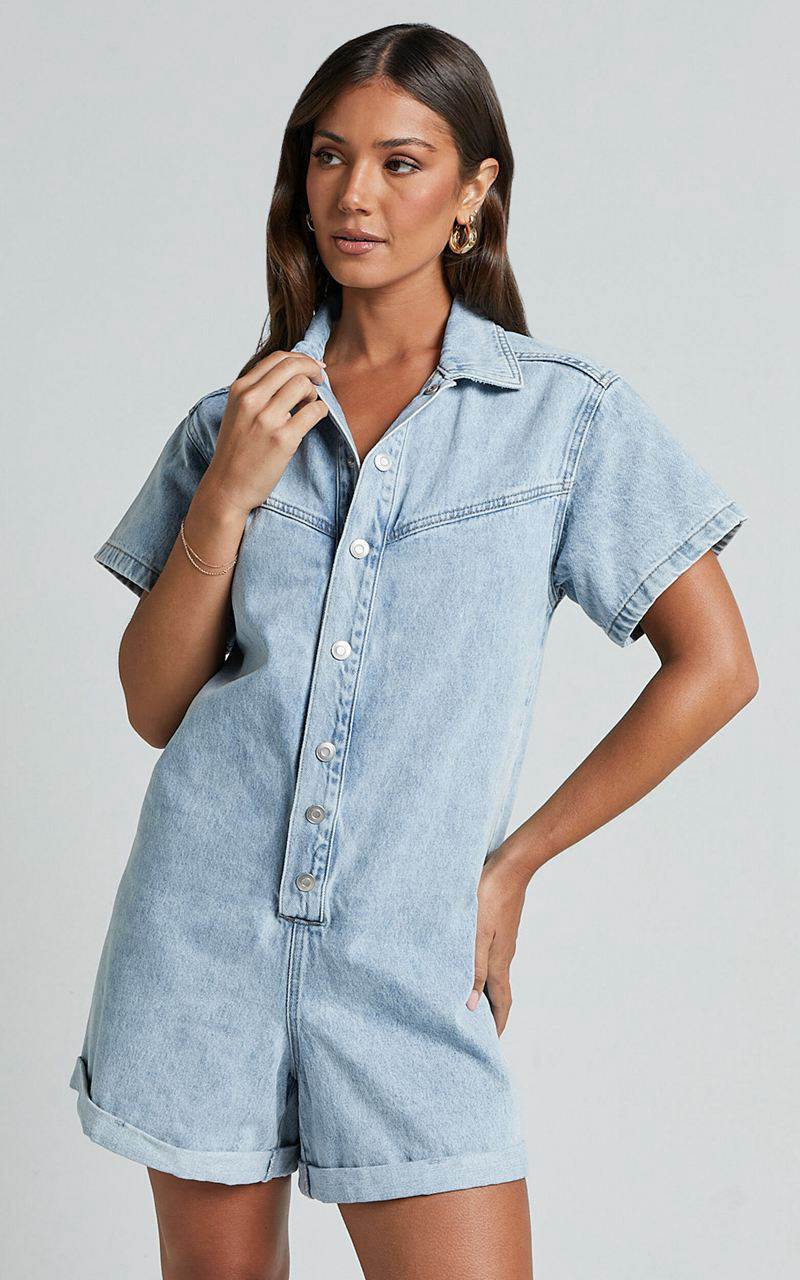 Showpo Reid Playsuit - Button Through Denim Playsuit Light Blue Wash | EJYIKO432