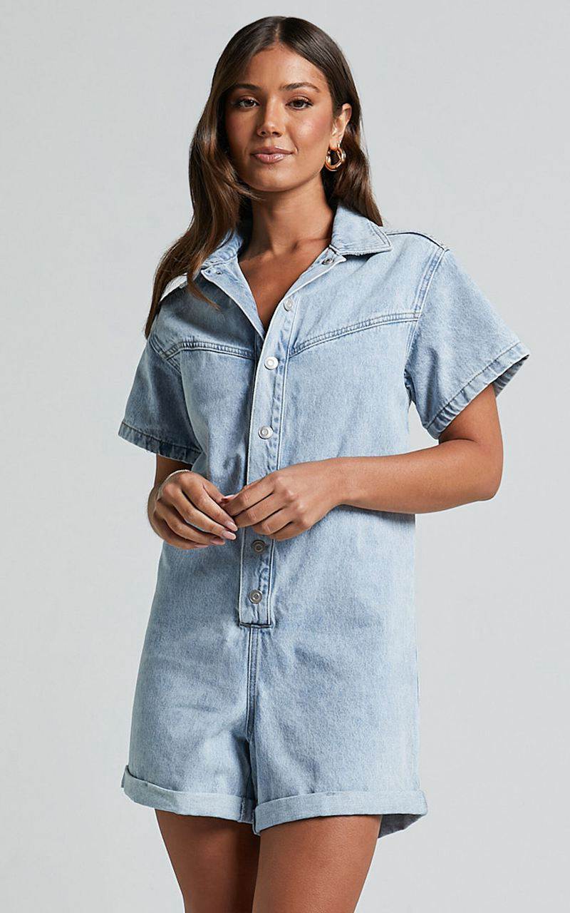 Showpo Reid Playsuit - Button Through Denim Playsuit Light Blue Wash | EJYIKO432