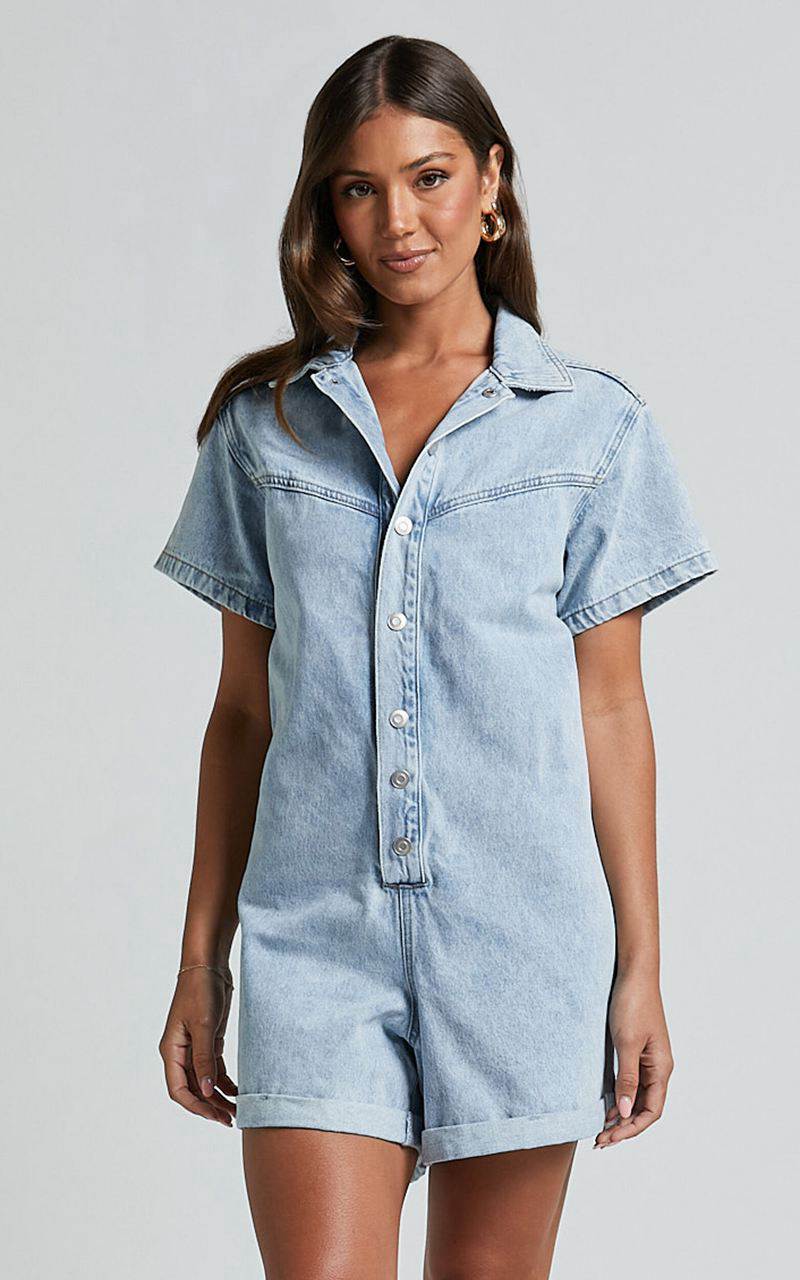 Showpo Reid Playsuit - Button Through Denim Playsuit Light Blue Wash | EJYIKO432