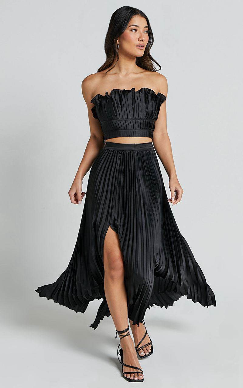 Showpo Reign Two Piece Set - Ruffle Crop Top And Thigh Split Midi Skirt Black | EQXRJH198