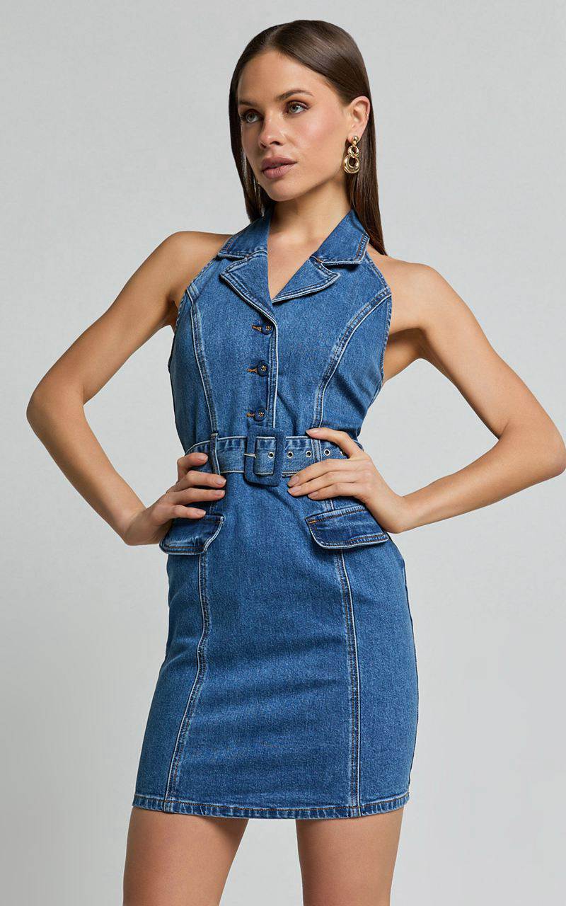 Showpo Remi Mini Dress - Halter Belt Denim Dress Dark Blue Wash | AJKCVX685