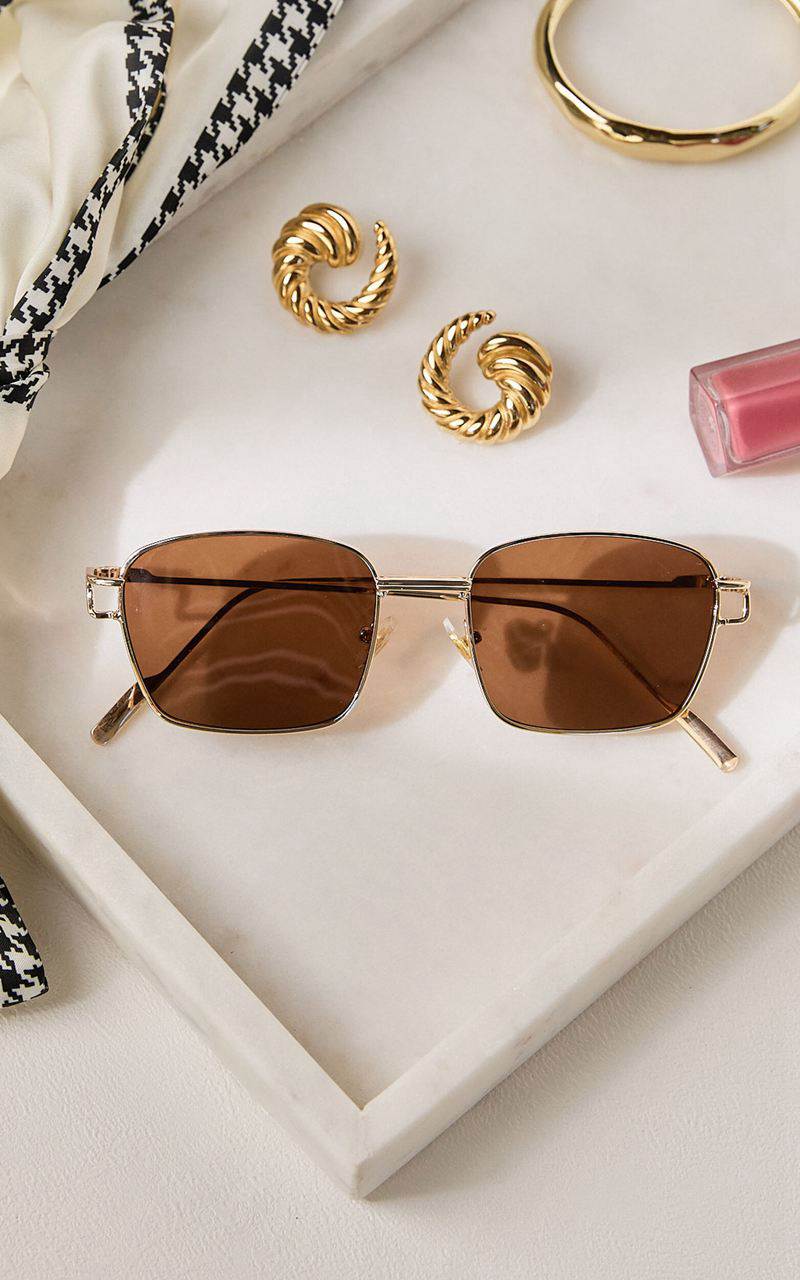 Showpo Remi Sunglasses - Square Thin Rim Sunglasses Gold | ANPTKW965