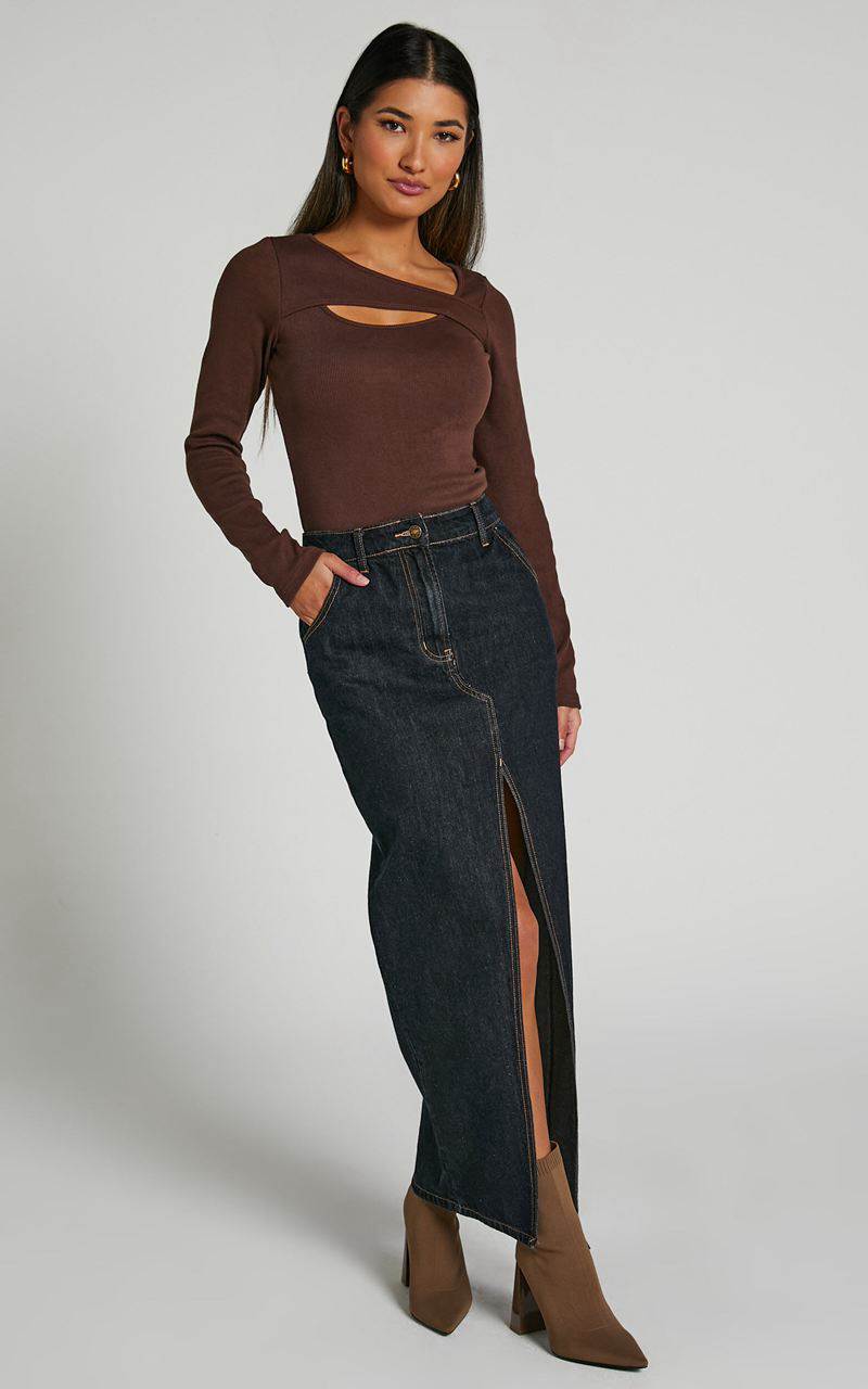 Showpo Remi Top - Long Sleeve Asymmetric Cut Out Top Brown | KJWOHN943