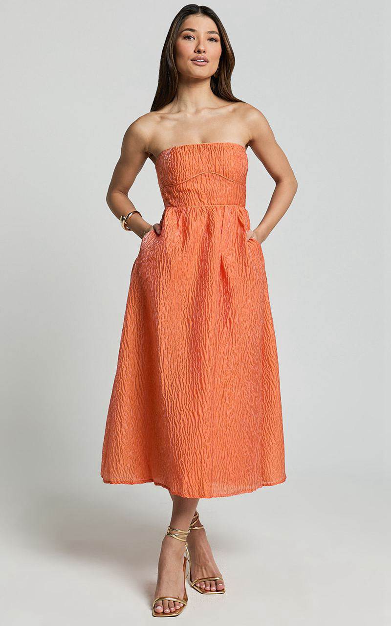 Showpo Remy Midi Dress - Strapless Bustier Flare Dress Orange | JFLCTH637