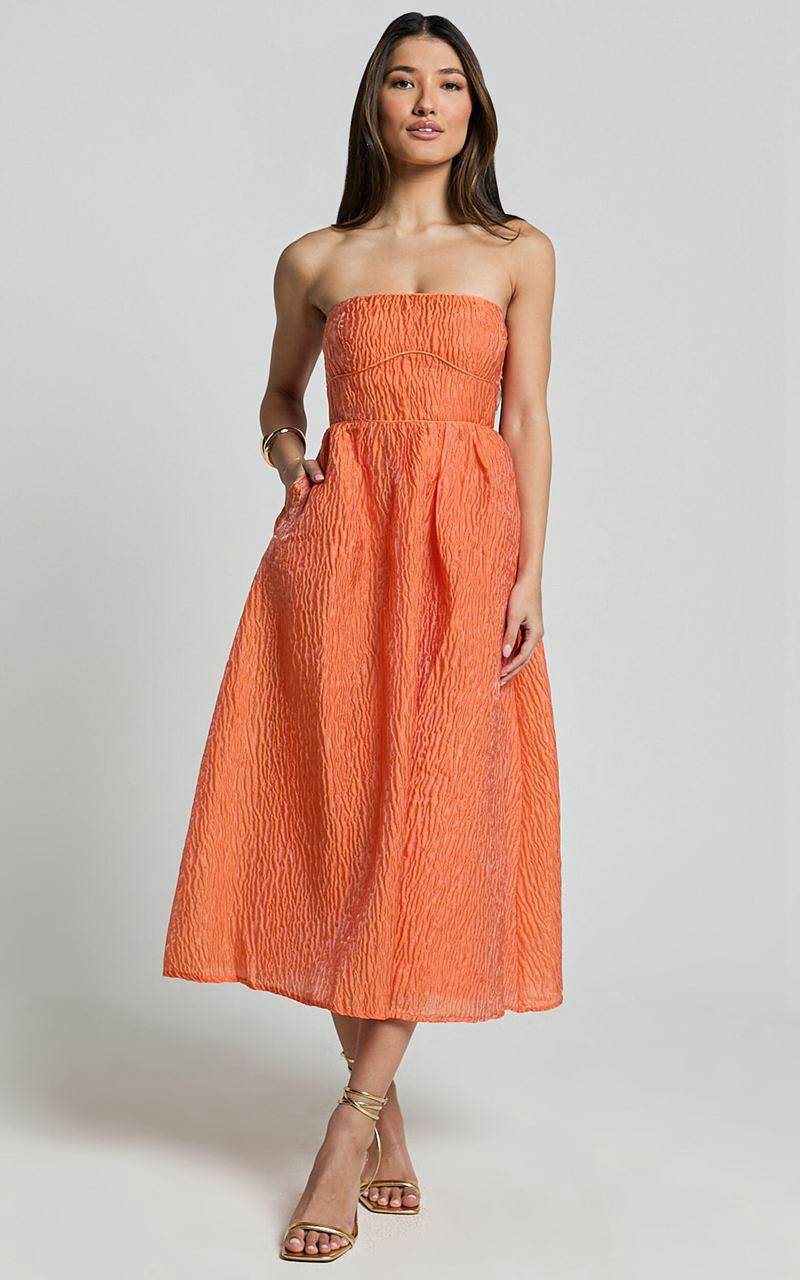 Showpo Remy Midi Dress - Strapless Bustier Flare Dress Orange | JFLCTH637