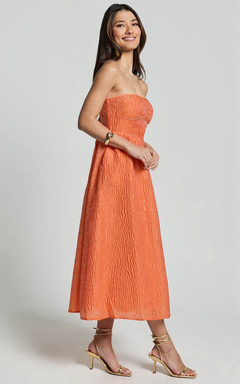 Showpo Remy Midi Dress - Strapless Bustier Flare Dress Orange | JFLCTH637