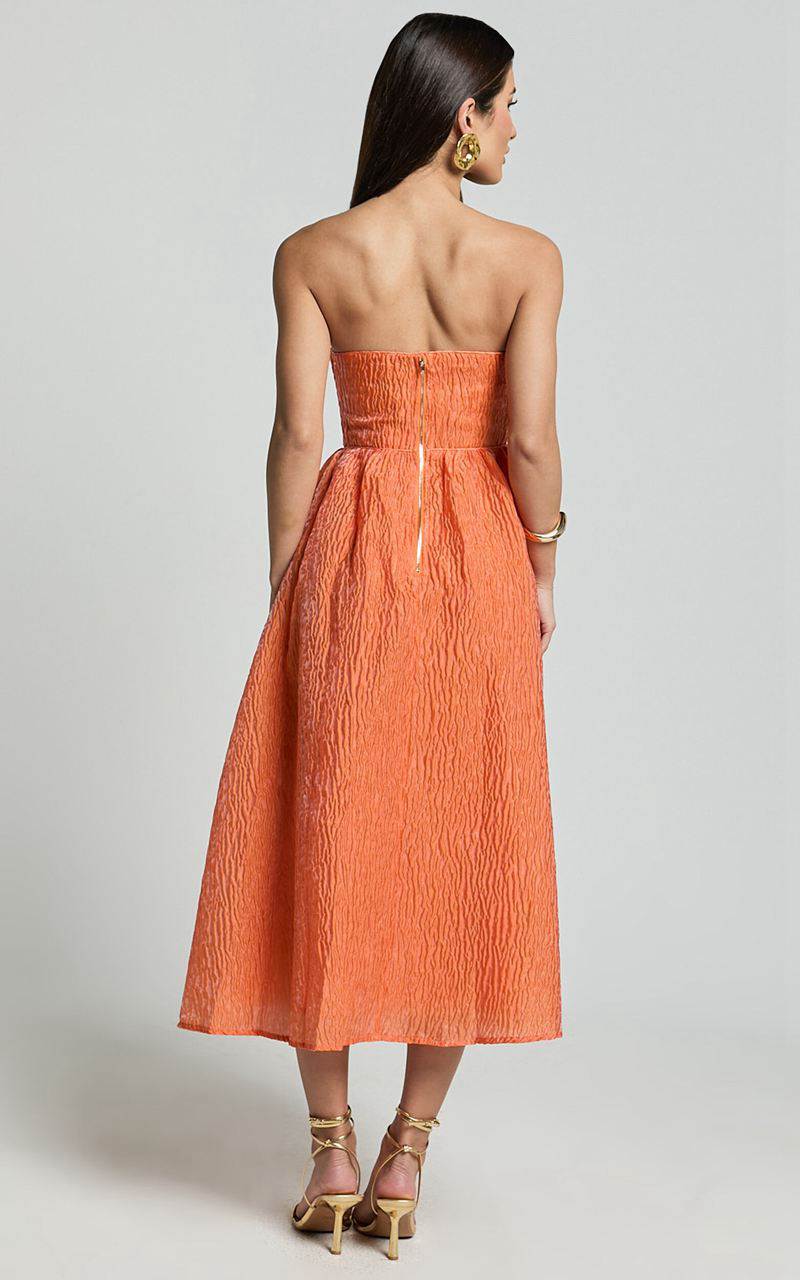 Showpo Remy Midi Dress - Strapless Bustier Flare Dress Orange | JFLCTH637