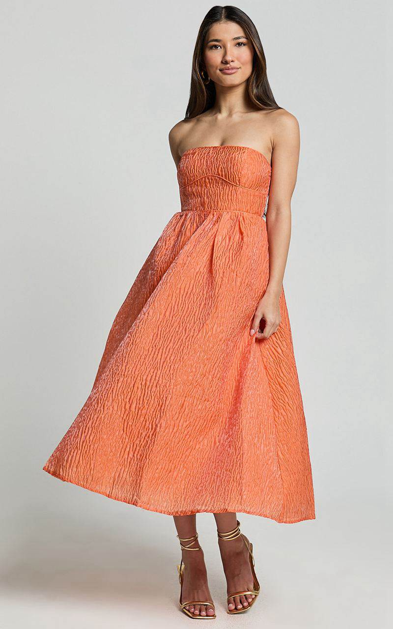 Showpo Remy Midi Dress - Strapless Bustier Flare Dress Orange | JFLCTH637