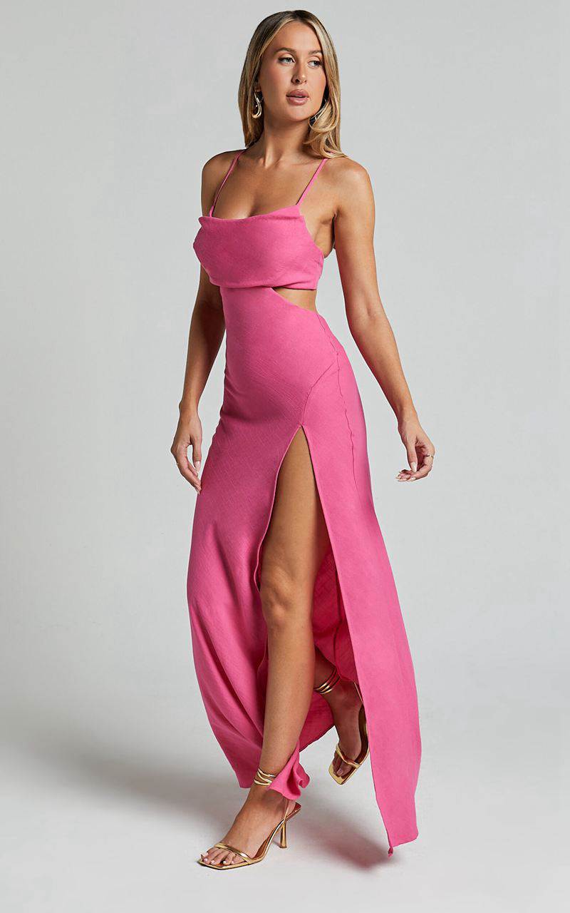 Showpo Reviena Midi Dress - Cut Out Cowl Neck Dress Hot Pink | LBKZXT215