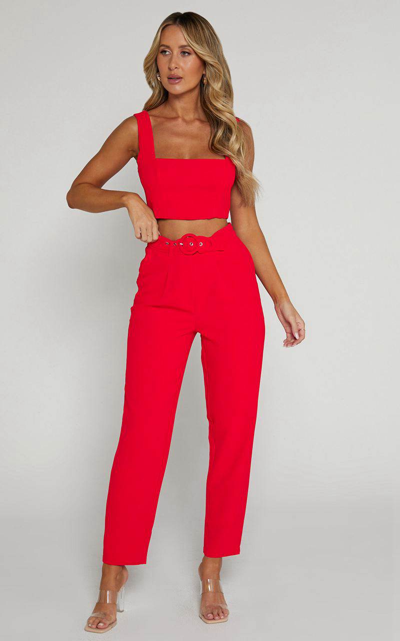 Showpo Reyna Two Piece Set - Crop Top And Tailored Pants Set Red | EMOPZL453