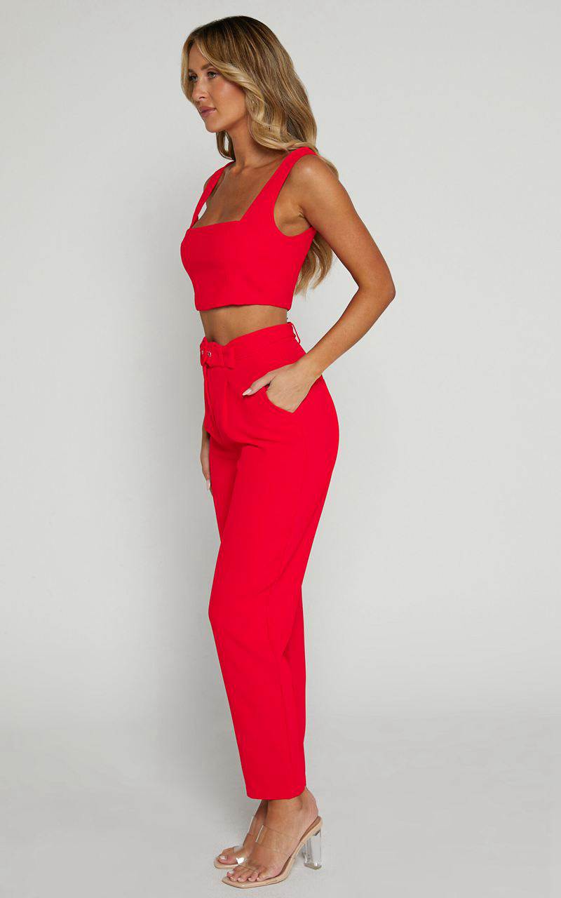 Showpo Reyna Two Piece Set - Crop Top And Tailored Pants Set Red | EMOPZL453