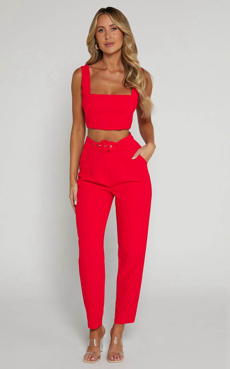 Showpo Reyna Two Piece Set - Crop Top And Tailored Pants Set Red | EMOPZL453